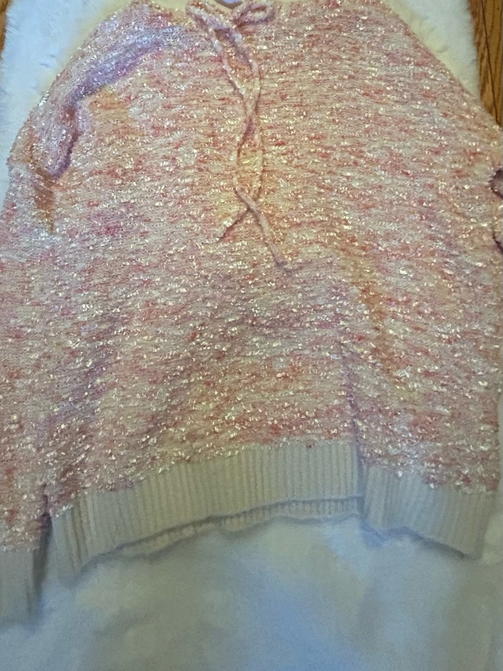 Pink Metallic Bouclé Tie-Neck Scoop Sweater